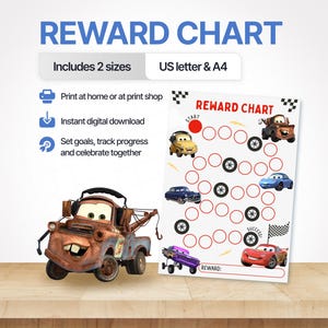 May include: A printable reward chart featuring Cars characters including Mater, Lightning McQueen, and others. The chart includes a start point, a path of red circles and tire icons, a success finish line with a checkered flag, and a reward line.