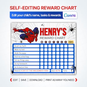 May include: A rectangular reward chart featuring a red and blue superhero character, spider web illustrations, and the text HENRY'S REWARD CHART. It includes a grid for tracking daily tasks like brushing teeth and homework, with a reward section at the bottom.