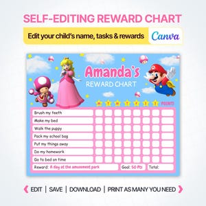 May include: A self-editing reward chart featuring Princess Peach, Mario, and Toad against a blue sky background. The chart includes the text Amanda's REWARD CHART, a list of tasks, a grid for tracking, and a section for rewards and points.