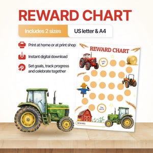May include: A digital reward chart featuring farm-themed illustrations including a red tractor, a green tractor, a scarecrow, a red barn, and hay bales. The chart includes circular spaces for tracking progress and the text REWARD CHART.