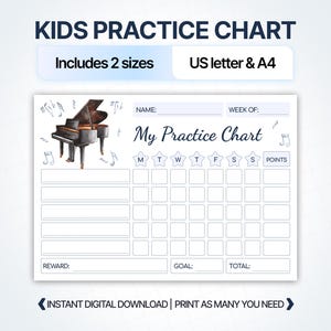Ausdruckbare Belohnungstabelle für Klavierübungen | Übungs-Tracker | Belohnungstabelle für Kinder | Notenmaterial zum Ausdrucken | Sofort-Download