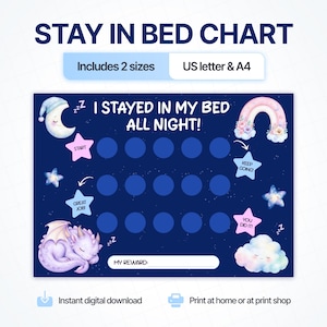 Pode incluir: Um quadro de recompensas azul-escuro intitulado STAY IN BED ALL NIGHT! com uma lua a dormir, um arco-íris pastel e um dragão roxo. O quadro inclui quinze círculos azul-escuro para acompanhamento, estrelas com texto e uma linha de recompensa.