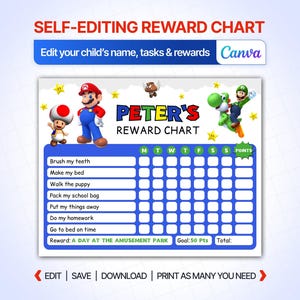 以下が含まれることがあります： マリオ、ルイージ、ヨッシー、キノピオのキャラクターが描かれた印刷可能な報酬チャート。チャートには「PETER'S REWARD CHART」というテキスト、毎日のタスクリスト、ポイント列、および「A DAY AT THE AMUSEMENT PARK」と書かれた報酬セクションが含まれています。
