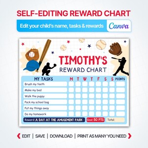 以下が含まれることがあります： 野球をテーマにした報酬チャートで、Timothy's Reward Chartというタイトルと、タスク、曜日、ポイント用のグリッドがあります。デザインには野球ボール、バット、グローブ、選手のシルエットが含まれています。テキストにはSelf-Editing Reward Chartと記載されています。