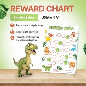 May include: A dinosaur-themed reward chart featuring a path of circular spaces for tracking progress, decorated with illustrations of various dinosaurs and tropical leaves. A green toy tyrannosaurus stands next to the chart on a wooden surface.
