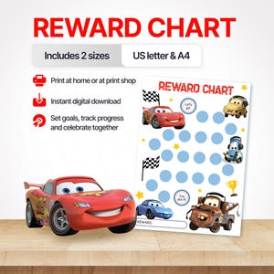 Op de afbeelding: Een printbare beloningskaart met Cars-personages zoals Bliksem McQueen en Takel. De kaart bevat lichtblauwe cirkels voor het bijhouden van voortgang, finishvlaggen en de tekst REWARD CHART. Inclusief US letter- en A4-formaten.