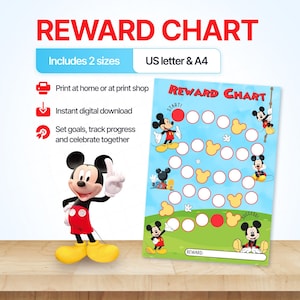 May include: A digital reward chart featuring Mickey Mouse, with a blue sky and green grass background. The chart includes circular spaces for tracking progress, labeled 'START' and 'SUCCESS', and a 'REWARD:' line at the bottom. Text includes 'REWARD CHART', 'Includes 2 sizes', 'US letter & A4', 'Print at home or at print shop', 'Instant digital download', and 'Set goals, track progress and celebrate together'.