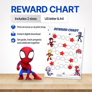 May include: A printable reward chart featuring superhero characters, including Spider-Man, Iron Man, and Black Panther. The chart has a path of empty circles and red stars, with the text REWARD CHART, START, and SUCCESS printed on a white background.