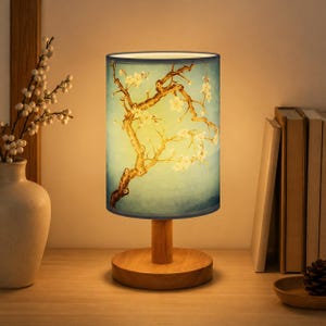 Japanese Cherry Blossom Table Lamp | Wooden Base Night Light USB Dimmable Bedside Lamp Vintage Art