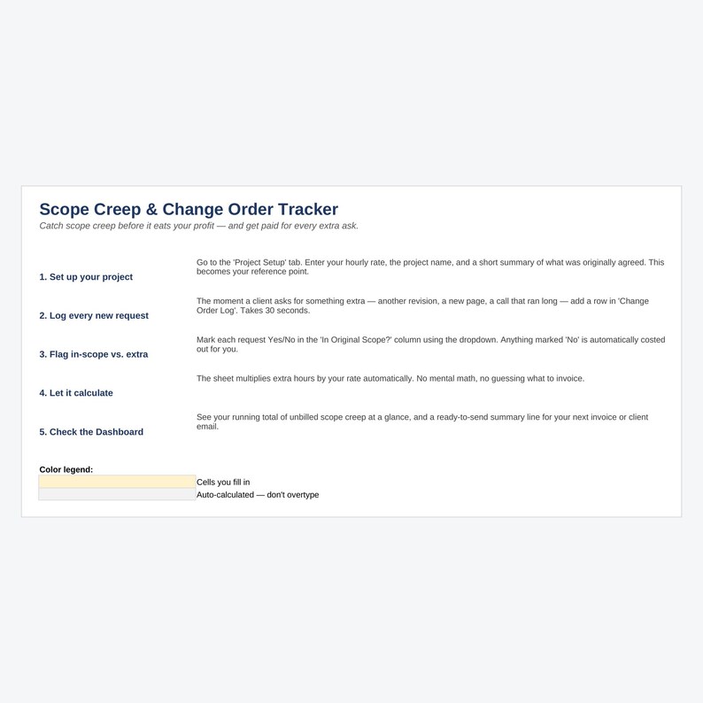 Freelance Scope Creep Tracker, Change Order Log, Extra Hours Calculator ...