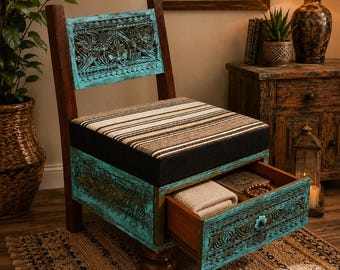 Silla de almacenamiento de madera hecha a mano, banco rústico tallado en turquesa, asiento de entrada de estilo rústico.