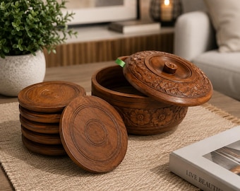 Hand Carved Wooden Sugar Pot with 6 Coasters, Rustic Farmhouse Kitchen Decor