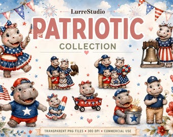 Patriotic Hippo Watercolor Clipart Bundle | 4th of July PNG | Memorial Day | Veterans Day | Commercial Use | 30+ PNG Digital Download