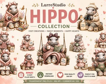 Cozy Hippos Watercolor Clipart Bundle (Digital Download)