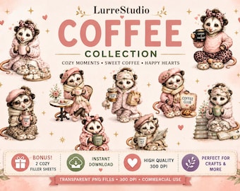 Cozy Possum Coffee Clipart Bundle, Watercolor Animals (Digital Download)