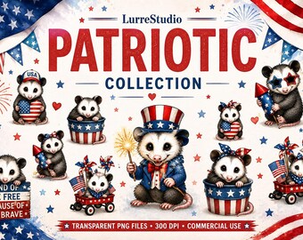 Patriotic Possum Clipart | Watercolor 4th of July PNG Bundle (Digital Download)