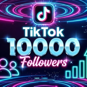 May include: A digital graphic featuring the TikTok logo above the text 10000 Followers in a bold, metallic blue font. The background is dark with vibrant neon pink and blue circular light trails, a user icon, and a rising bar chart with an arrow.