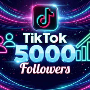 Può includere: Una grafica digitale che presenta il logo TikTok, il testo 5000 Followers, un'icona utente in stile neon e un grafico a barre in ascesa. Il design utilizza vivaci effetti di luce al neon blu e rosa su uno sfondo scuro e astratto con scie luminose.