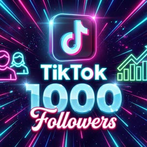 Può includere: Una grafica digitale con il logo TikTok in neon blu e rosa, con il testo 1000 Followers in grandi lettere in grassetto azzurre e bianche. A sinistra c'è un'icona utente rosa neon e a destra un grafico a barre verde neon in ascesa.