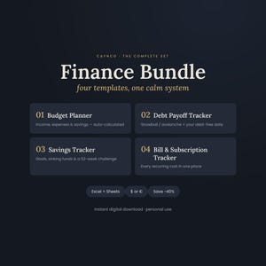 Finance Planner Bundle Excel & Google Sheets | Budget Debt Payoff Savings Bill Tracker | Spreadsheet Dashboard Set | Dark Mode planner