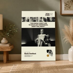 May include: A vertical rectangular poster featuring a black and white film still of a person sitting in a chair. The text reads: "YOU KNOW I DON'T LIKE TO WEAR ANY UNDERWEAR, DON'T YOU, NICK?" and "Basic Instinct" with TriStar Pictures logo.