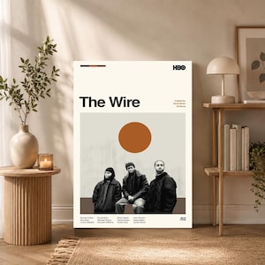 以下が含まれることがあります： テレビドラマ「THE WIRE/ザ・ワイヤー」の長方形ポスター。ミニマルなデザインで、大きなオレンジ色の円の下に3人のモノクロの人物が描かれています。テキストにはタイトル、HBOロゴ、制作者名、キャストリストが含まれています。