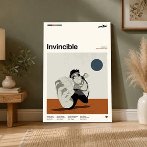 May include: A rectangular poster featuring the title Invincible in black text. A stylized illustration shows a character with a large fist in the foreground, a dark blue circle, and a brown ground. The poster includes credits and the Skybound logo.