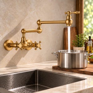 Könnte beinhalten: Ein wandmontierter Topffüller-Wasserhahn aus gebürstetem Messing mit einem doppelt gelenkigen, schwenkbaren Arm und zwei Kreuzgriffen. Wasser fließt aus dem Auslauf in einen Edelstahltopf, der neben einer Küchenspüle steht.