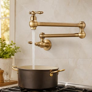 May include: A wall-mounted pot filler tap with a brushed brass finish and two articulated swing arms. The tap features a dual-handle design and is shown dispensing a steady stream of water directly into a dark-coloured cooking pot.