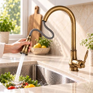 May include: A kitchen faucet with an antique brass finish and a pull-down sprayer head. The faucet features a high-arc spout and a flexible, braided metal hose. Water flows from the sprayer into a stainless steel sink containing fresh vegetables.