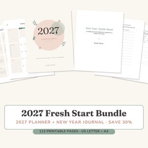 Pacote Recomeço 2027: Planejador Imprimível 2027 + Diário de Reflexão de Ano Novo, Definição de Metas, Palavra do Ano, PDF