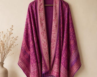 Silk Paisley Shawl | Purple Pink Pashmina | Boho Fringe Winter Wrap | Luxury Gift for Her"