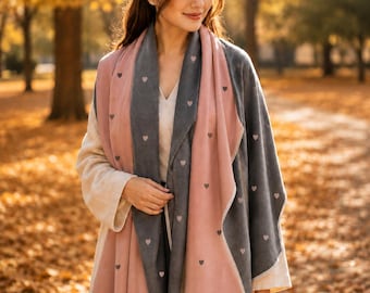 Heart Print Winter Scarf | Soft Wool Wrap | Red Cream & Pink Grey | Gift for Her