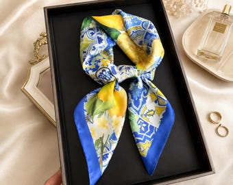 Blue Lemon Print Satin Scarf for Women, Square Polyester Headscarf, Floral Neck Hair Scarf
