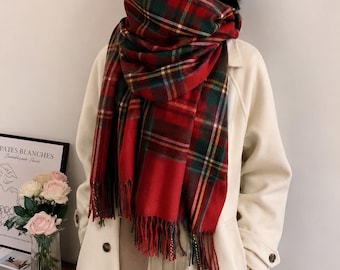 Red Tartan Plaid Scarf, Women's Knit Shawl Wrap, Fringe Detail.