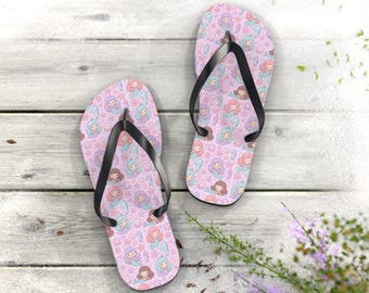 Kawaii Mermaid Pattern Flip Flops | Pastel Sea Girls Beach Footwear