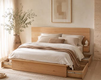 Massivholz-Aufbewahrungsplatform-Bett, minimaler niedriger Bettrahmen mit breitem Kopfteil und Schubladen, auf Bestellung gefertigt