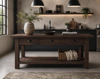 Rustic Farmhouse Kitchen Island, Wooden Console Table, Solid Wood Sofa Table with 3 Drawers and Lower Shelf
