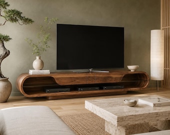 Consola multimedia de nogal hecha a mano, soporte de TV curvo moderno, centro de entretenimiento de madera, mueble de TV a medida para sala de estar.