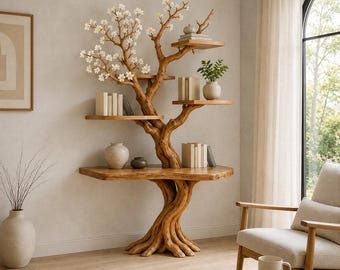 Tree Shelf, Sculptural Wood Bookshelf, Flower Branch Display Rack, Unique Wall Shelf, Boho Home Decor