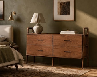 Aparador de madera de mediados de siglo, cómoda de 4 cajones hecha a mano, credenza con acabado personalizado, mueble consola multimedia moderno