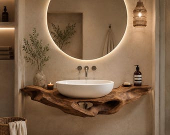 Rustikaler Live Edge Holz schwimmender Badezimmer-Waschschrank für Schiffswaschbecken, an der Wand befestigter Waschtisch