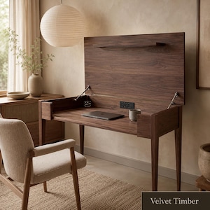 Solid Wood Concealed Monitor Desk, Flip-Up Computer Workstation, Space-Saving Home Office Table