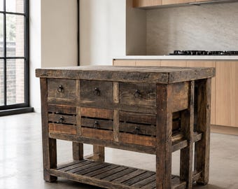 Handgemaakte boerderij keukeneiland, rustieke houten tafel met lades, slagersblok console