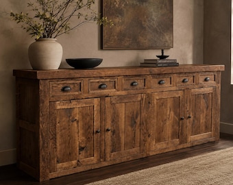 Aparador de roble blanco macizo, 246 cm (97"), estilo rústico, con 6 cajones y 4 puertas, mueble de comedor hecho a mano.