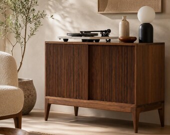 Walnut Vinyl Record Cabinet with Sliding Tambour Doors, Wooden Turntable Stand, Media Console