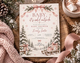 Peut inclure: Une carte d'invitation rectangulaire pour une fête prénatale sur le thème de l'hiver avec des sapins enneigés, un traîneau en bois et des cadeaux. Le texte indique : Baby, it's cold outside, Please join us for a baby shower honoring Emily Carter.
