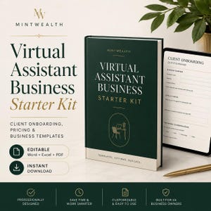 May include: A dark green book titled Virtual Assistant Business Starter Kit with gold text and a line art illustration of a desk. Beside it, a tablet displays a Client Onboarding Questionnaire. The set includes editable Word, Excel, and PDF files.
