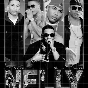 May include: A black and white graphic print featuring multiple portraits of the rapper Nelly, arranged in a collage format with a grid overlay. The name NELLY is displayed in large, bold capital letters at the bottom, incorporating smaller images.