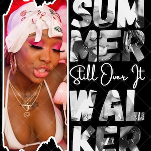 May include: A graphic design featuring a white headscarf with a cherry pattern and a white bikini top on the left, alongside the bold black and white text "SUMMER Still Over It WALKER" with photographic overlays inside the letters on the right.